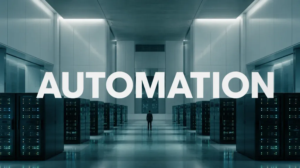 A data centre aisle with AUTOMATION overlaid and a person standing at the far end