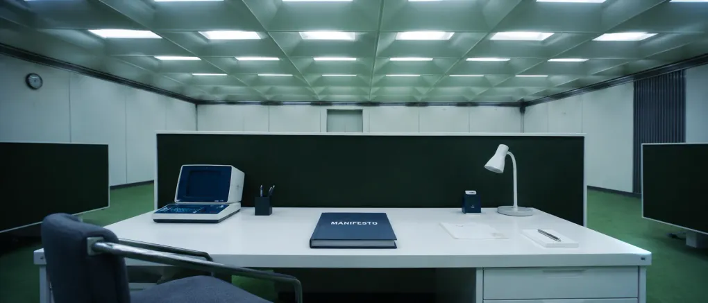 A blue Manifesto book on a desk beside a retro terminal in a green office