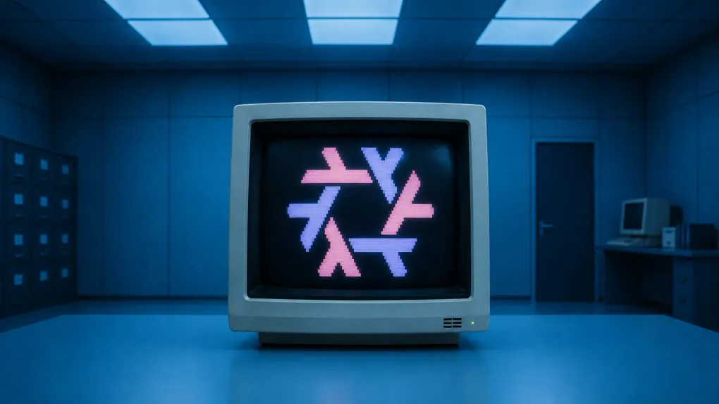 A CRT monitor in a blue-lit room displaying the NixOS logo