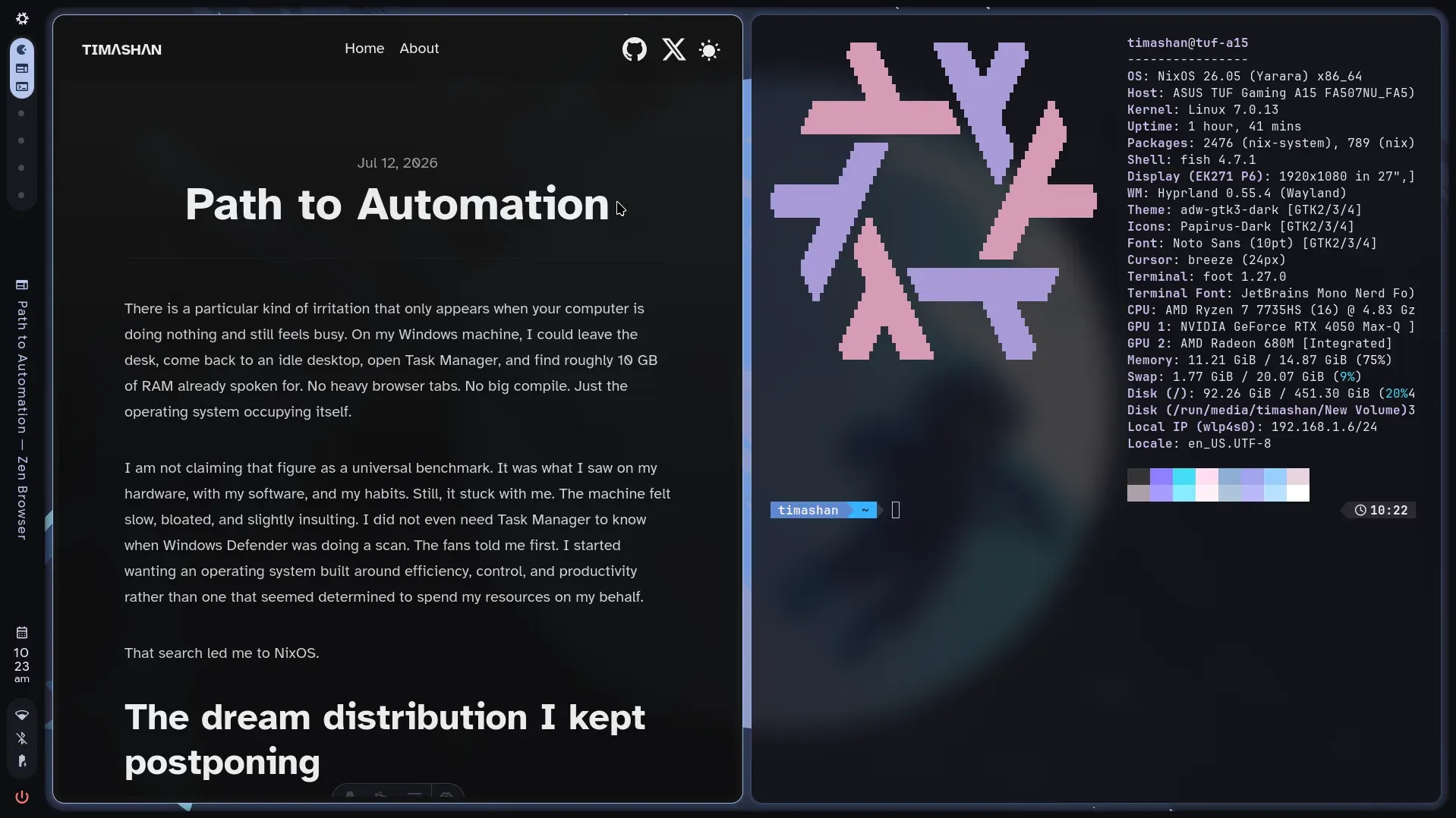 Writing this post on NixOS: blog preview beside a terminal showing NixOS 26.05 on Hyprland
